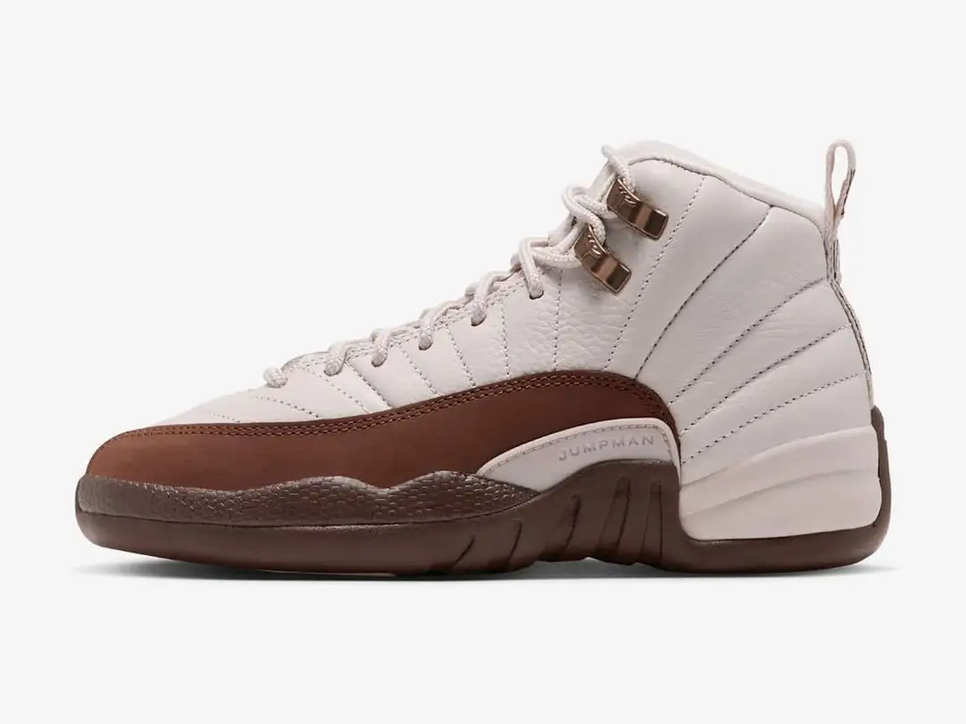 Air Jordan 12 Retro "Fireside" Big Kids' in light orewood brown, cacao wow, team red, multi-color, side view