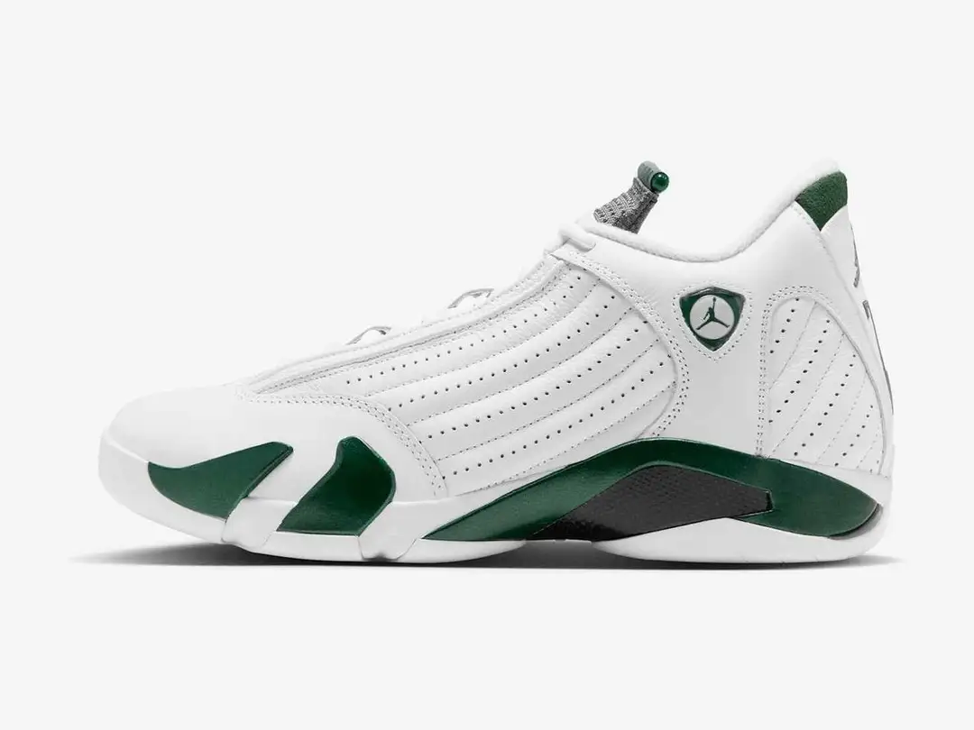 Air Jordan 14 Retro "Forest Green" in gorge green, white, light graphite, light graphite, side view