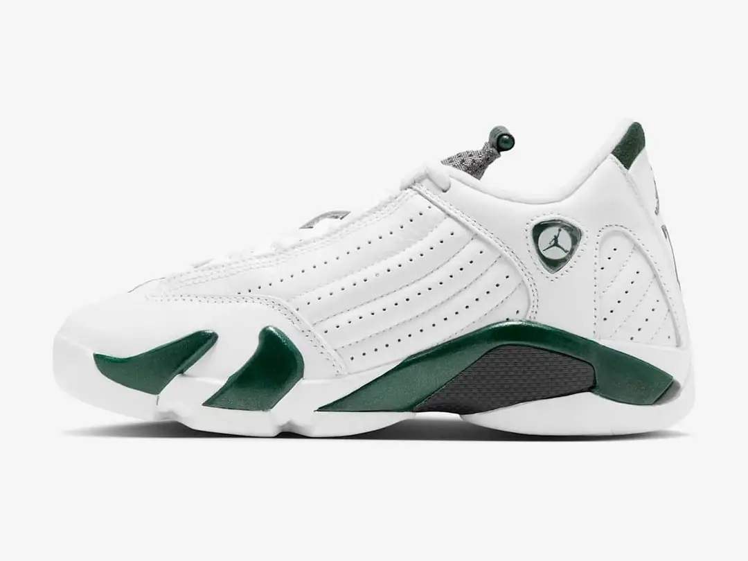 Air Jordan 14 Retro "Forest Green" Big Kids' in gorge green, white, light graphite, multi-color, side view
