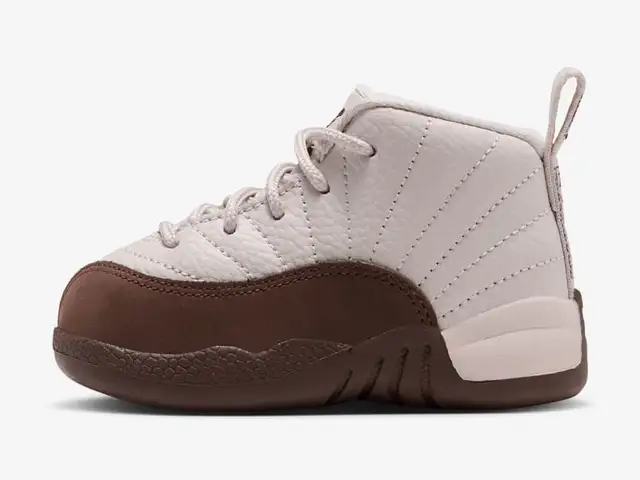 Jordan 12 Retro "Fireside" Baby/Toddler in light orewood brown, cacao wow, team red, cacao wow, side view
