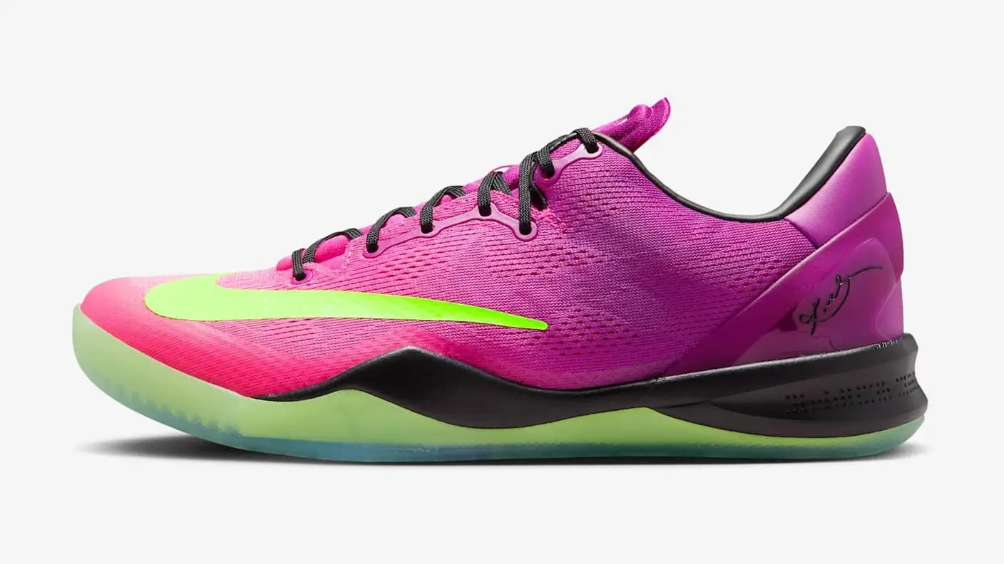 Kobe 8 Protro Mambacurial in red plum, pink flash and electric green, side view on a light grey ground.