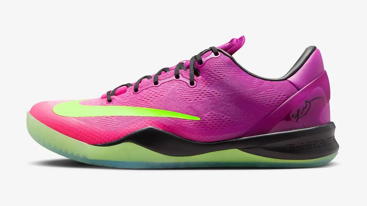 Kobe 8 Protro Mambacurial in red plum, pink flash and electric green, side view on a light grey ground.