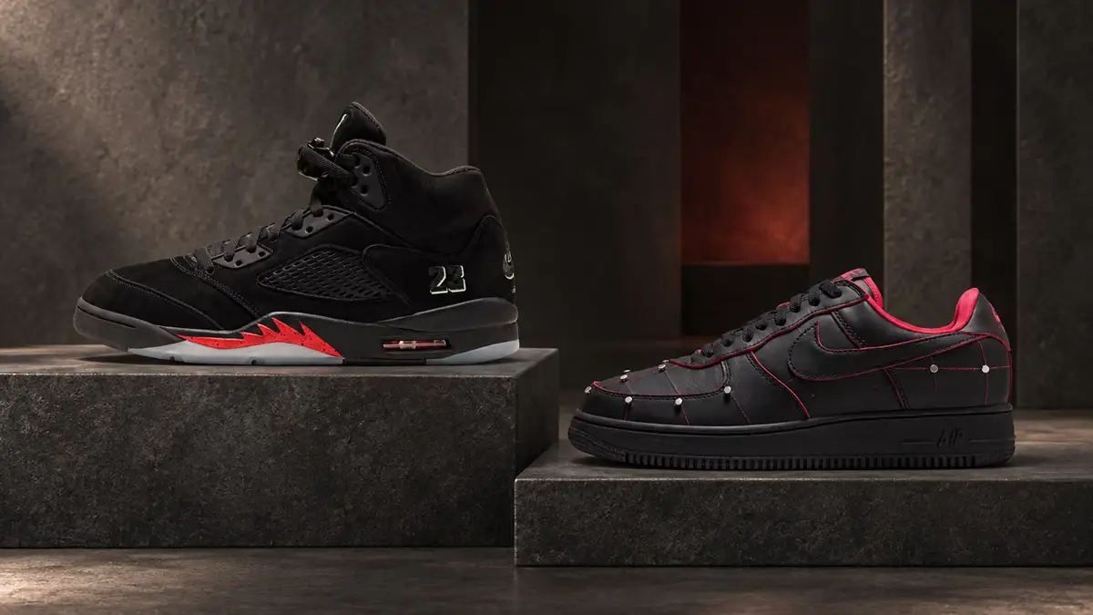 Black and red Jordan 5 Halloween on the left and black Air Force 1 Nightmare with silver pins and red details on the right.