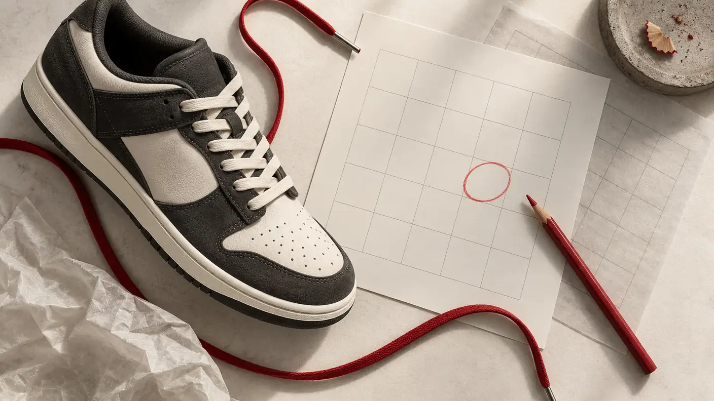 A charcoal and ivory sneaker beside a blank calendar grid, a red circle and a red shoelace.