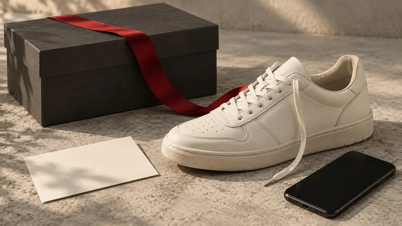 An ivory sneaker beside a charcoal shoebox, a blank card and a dark phone, with a red ribbon across the box.