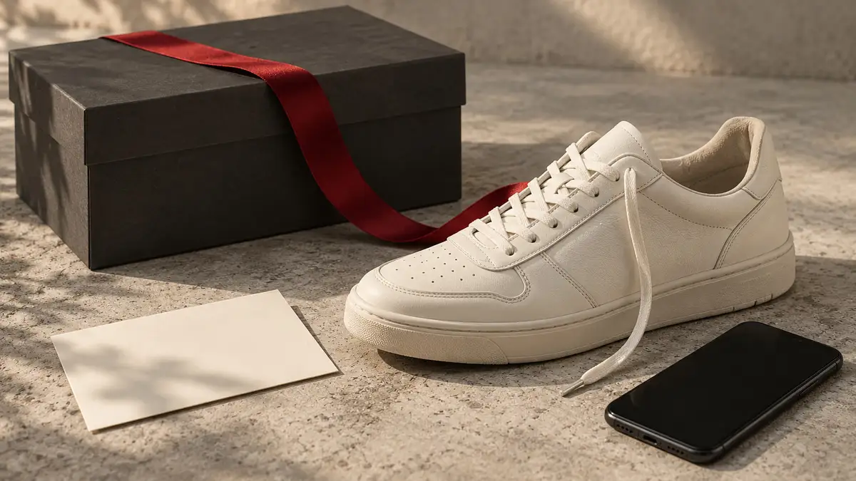 An ivory sneaker beside a charcoal shoebox, a blank card and a dark phone, with a red ribbon across the box.