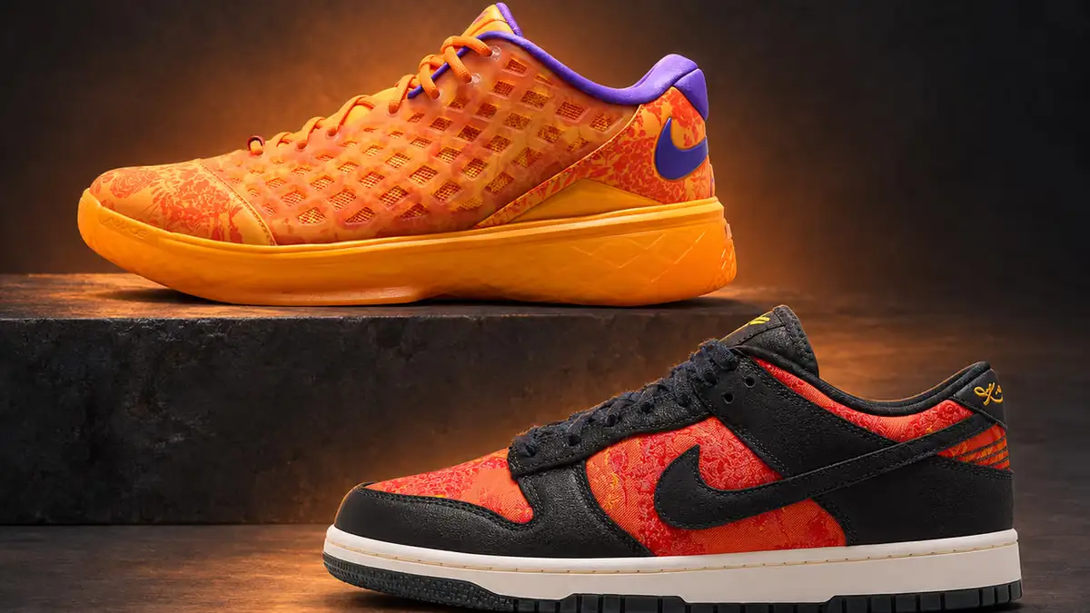Orange Kobe 3 Low Protro with a purple collar above a black-and-orange Kobe Dunk Low Protro in a charcoal studio.