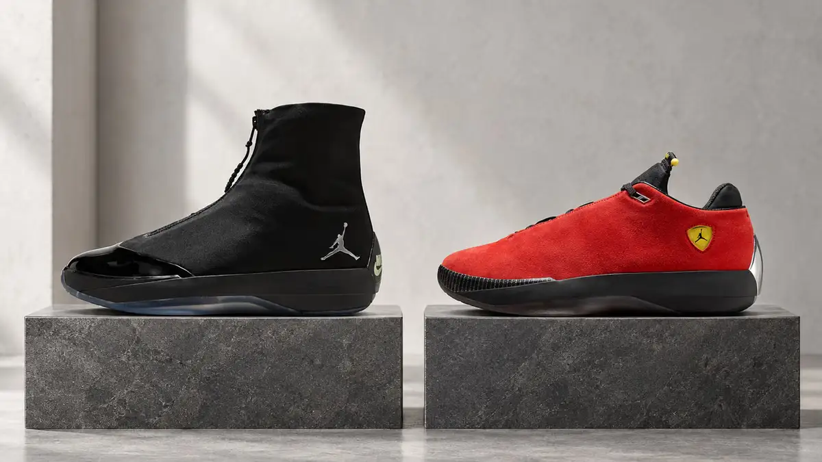 Black Jordan 40 '28' with its tall zippered shroud on the left and red Jordan 40 '14' with yellow accents on the right.