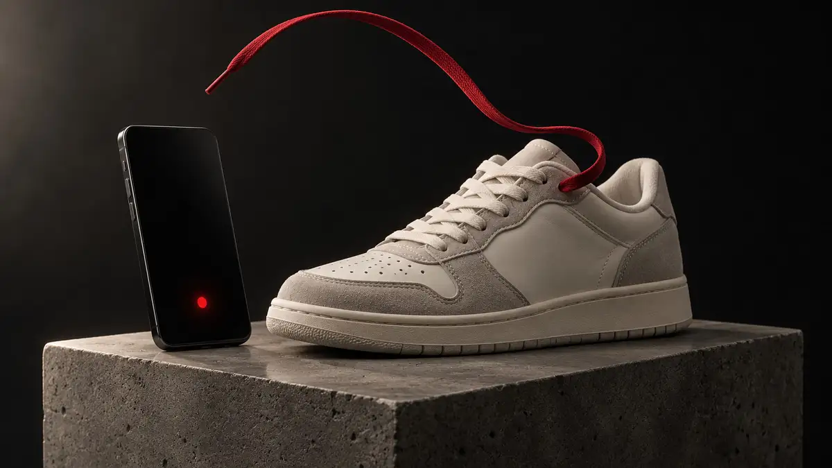An ivory sneaker and a dark phone on a stone plinth, with a red lace suspended above them.