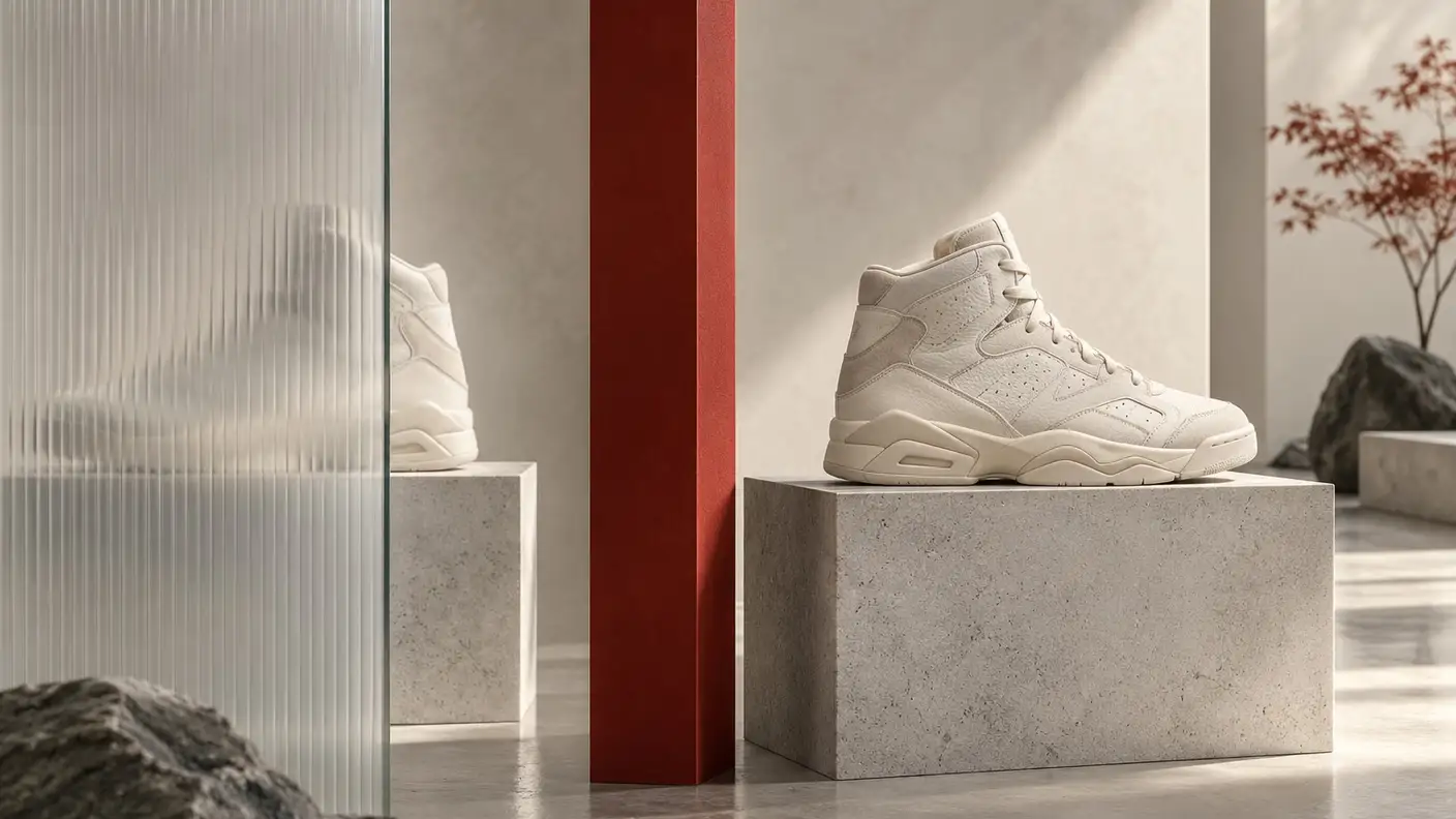 Two ivory sneakers on separate stone plinths, one behind frosted glass, divided by a red column.
