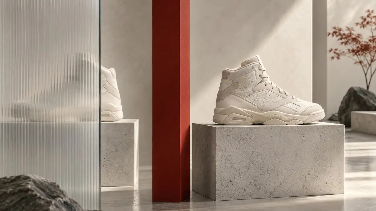 Two ivory sneakers on separate stone plinths, one behind frosted glass, divided by a red column.