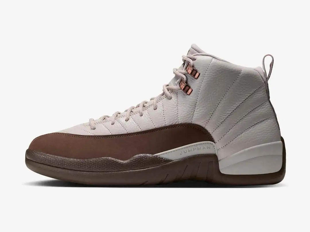 Air Jordan 12 Retro "Fireside" in light orewood brown, cacao wow, team red, cacao wow, side view
