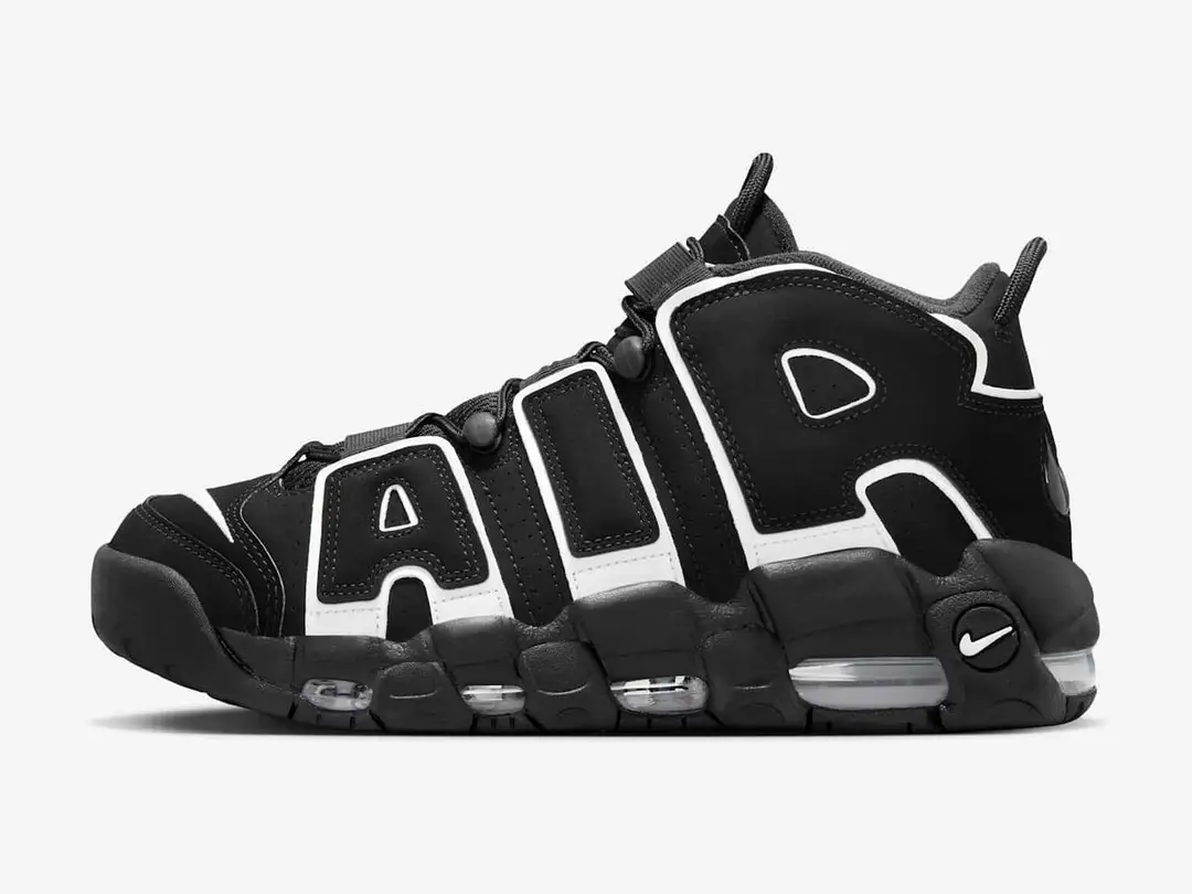 Nike Air More Uptempo '96 in black, black, white, side view