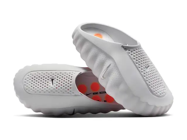 Nike Mind 001 mules in light smoke grey with hyper crimson details, as a pair