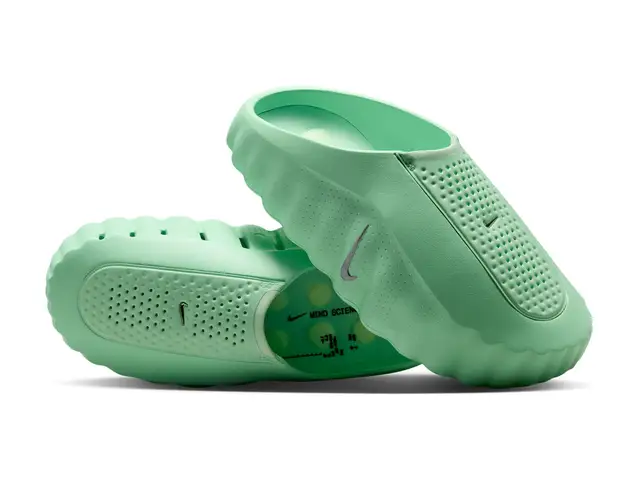 Nike Mind 001 mules in cucumber calm with black and barely volt, as a pair