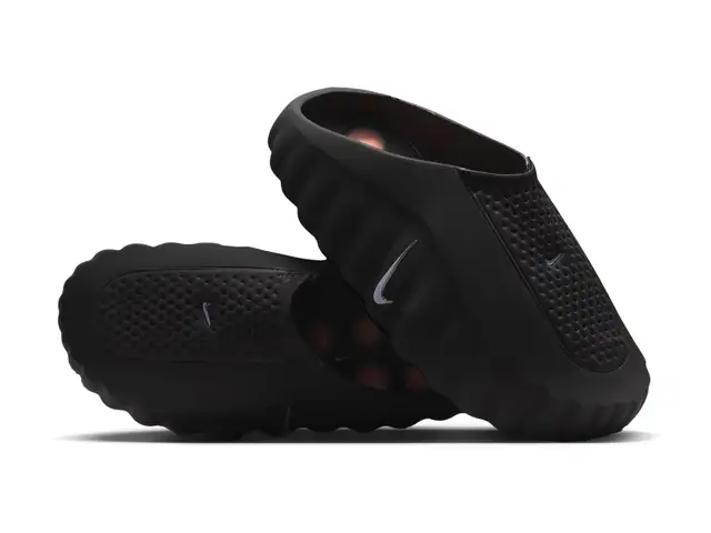 Women's Nike Mind 001 mules in black with hyper crimson and chrome, as a pair