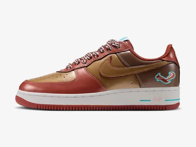 Nike Air Force 1 '01 in burnt sunrise, taupe, chlorine blue, metallic gold, side view