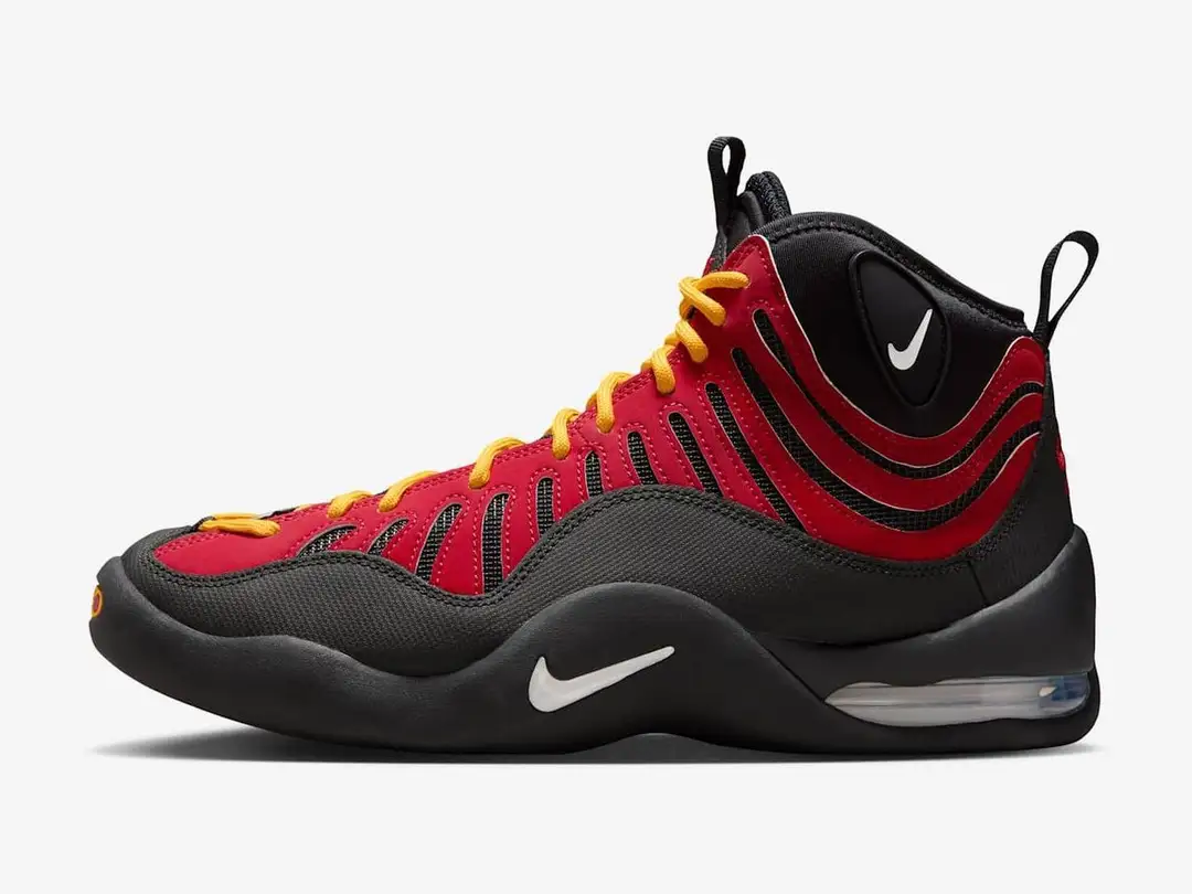 Nike Air Bakin High SP in varsity red, varsity maize, black, white, side view