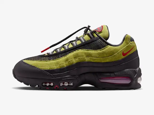 Nike Air Max 95 Big Bubble x Aya Brown in atomic green, black, anthracite, university red, side view