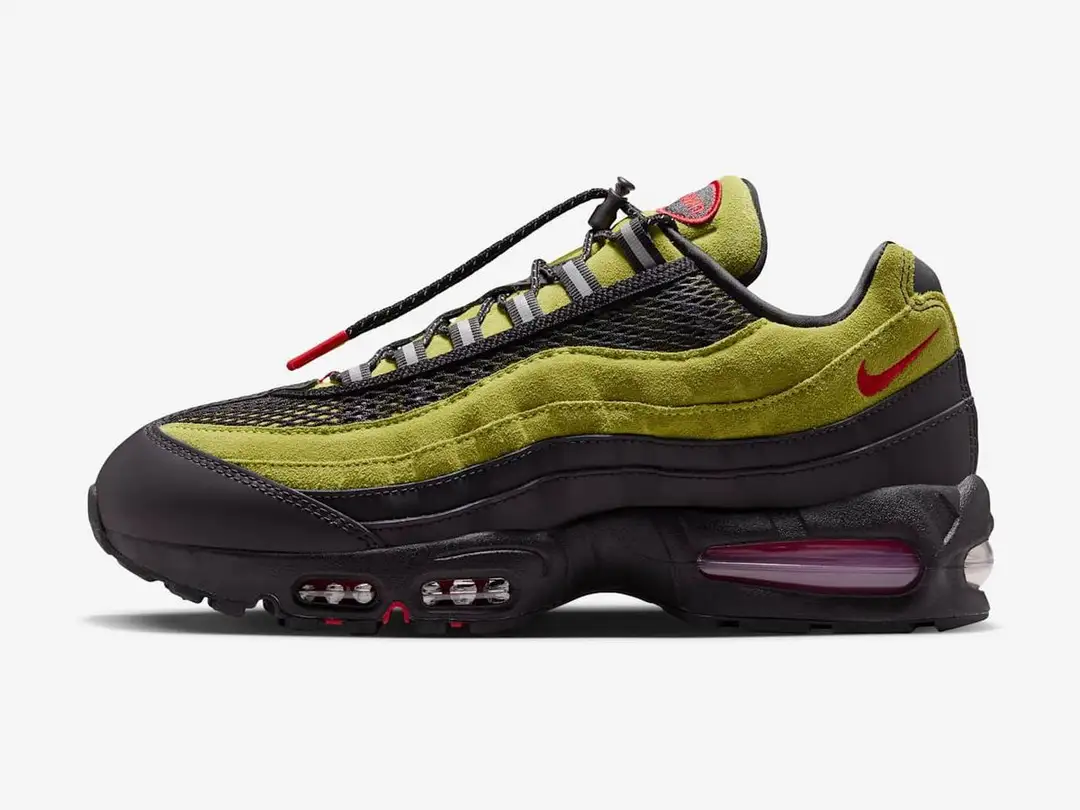 Nike Air Max 95 Big Bubble x Aya Brown in atomic green, black, anthracite, university red, side view