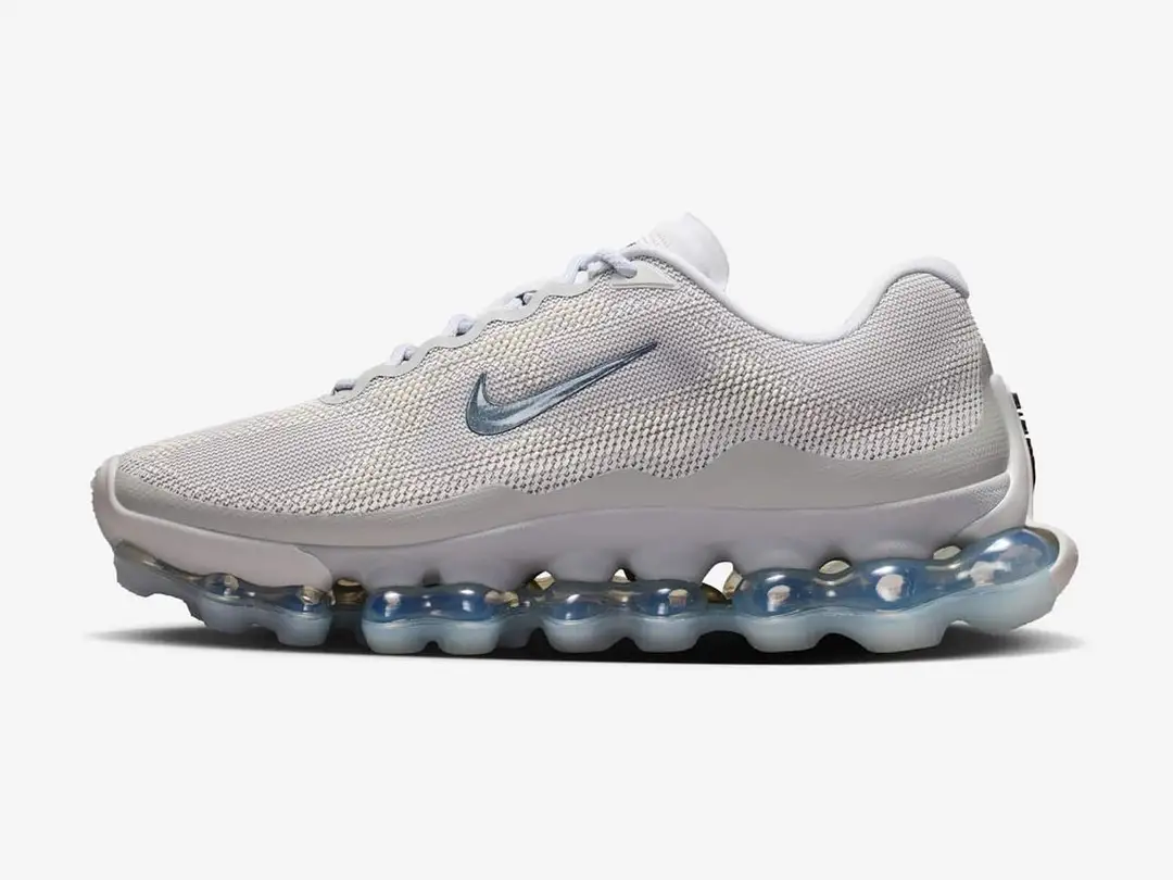 Nike Air Liquid Max in grey fog, platinum tint, pure platinum, dark smoke grey, side view