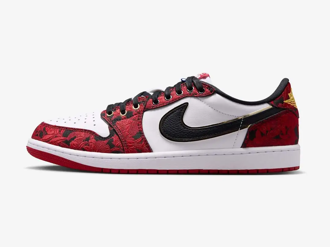 Air Jordan 1 Retro Low OG Garden in black, summit white, laser fuchsia and varsity red, side view