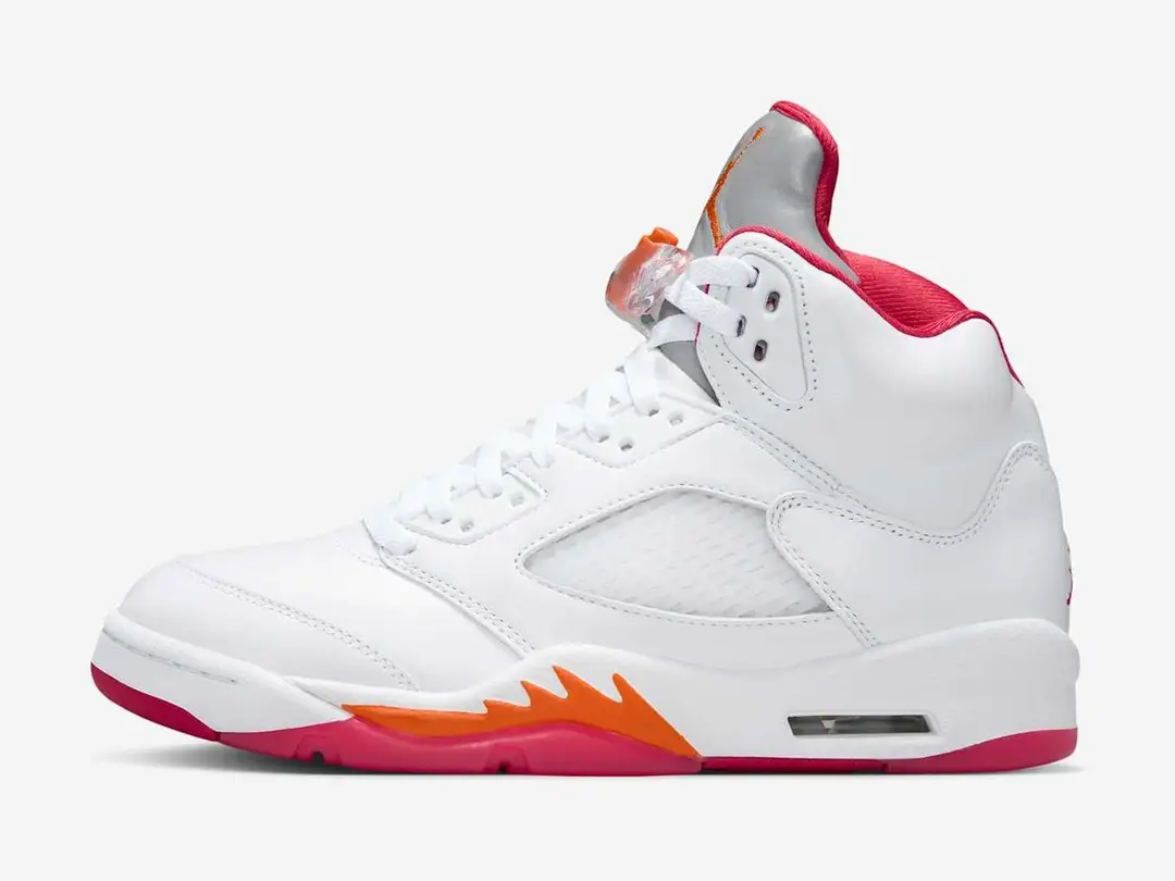 Women's Air Jordan 5 Retro Sunset in white, fire red and sunset, side view