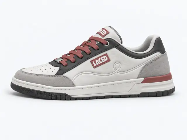 Illustrative grey Laced concept sneaker with muted red accents, not the product photo.